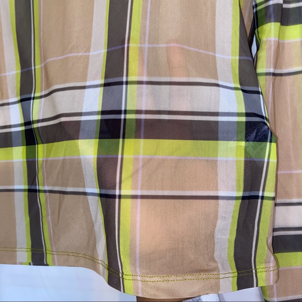 River Island Ultra Sheer Plaid Green Black Nude High Neck Long Sleeve Top - Picture 5 of 6